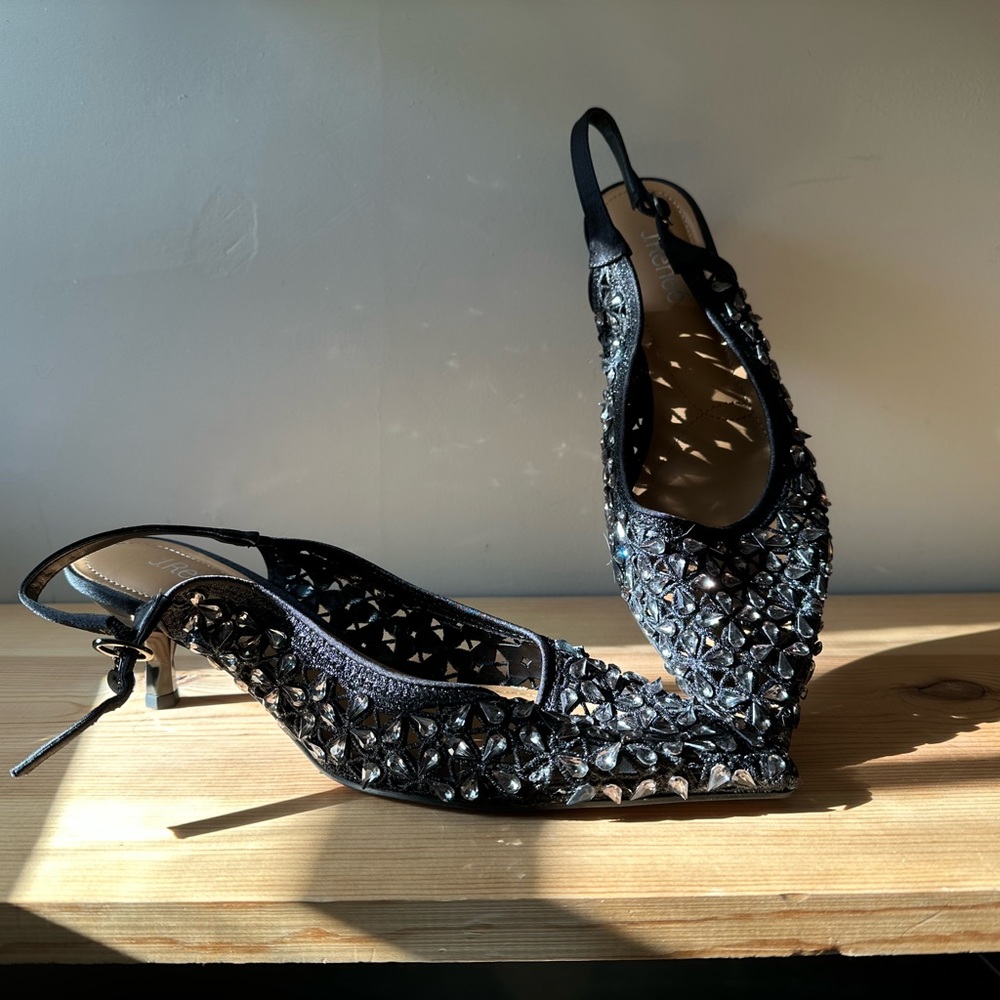 J. Renee Dressy Jeweled Black Heels Rhinestone Slingback Heels 11